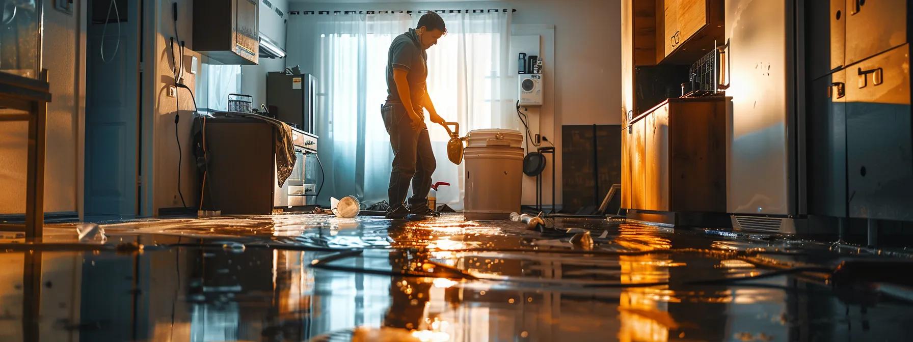a professional water damage restoration technician inspects visibly damaged floors and walls in a modern, flooded home, utilizing advanced industrial drying equipment in a softly illuminated, reassuring atmosphere.
