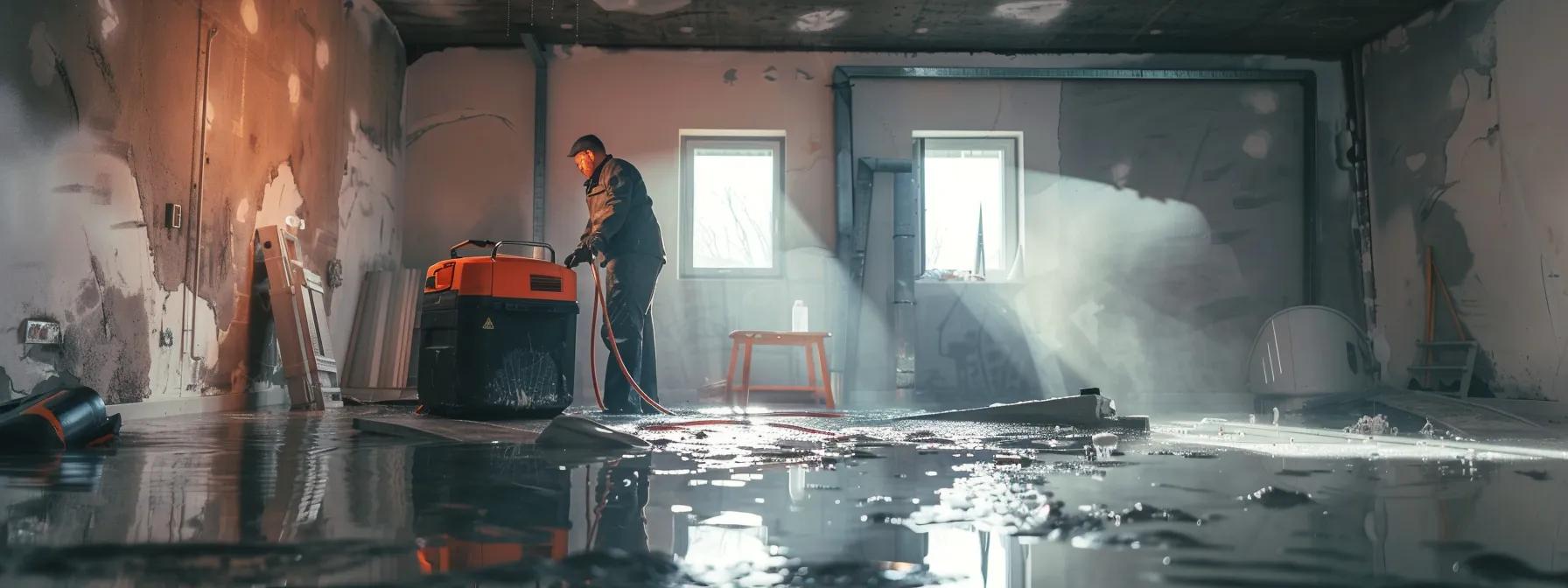 a professional water damage restoration technician operates industrial drying equipment inside a modern home, showcasing visibly damaged walls and floors, illuminated by soft window light that creates a reassuring atmosphere of recovery and resilience.