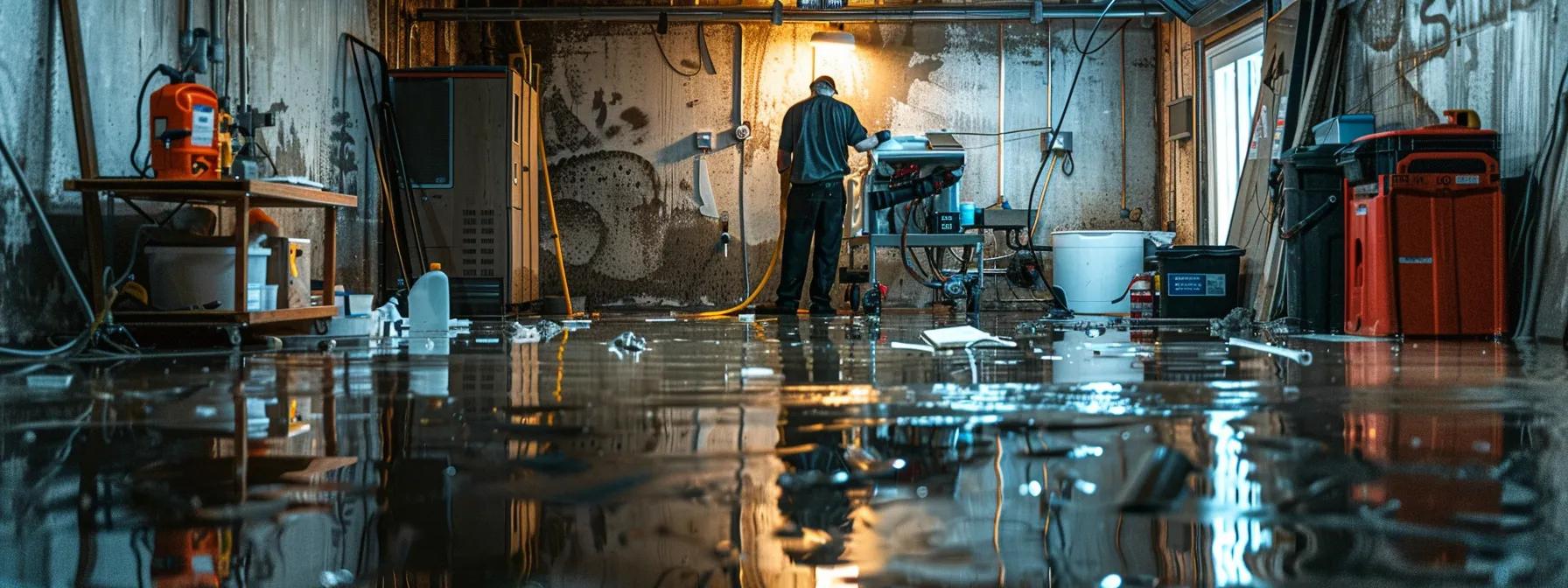 a professional water damage restoration technician operates industrial drying equipment in a modern, water-damaged basement, highlighting visible signs of flooding on walls and floors under soft, ambient light, creating a sense of urgency and professionalism in the restoration process.