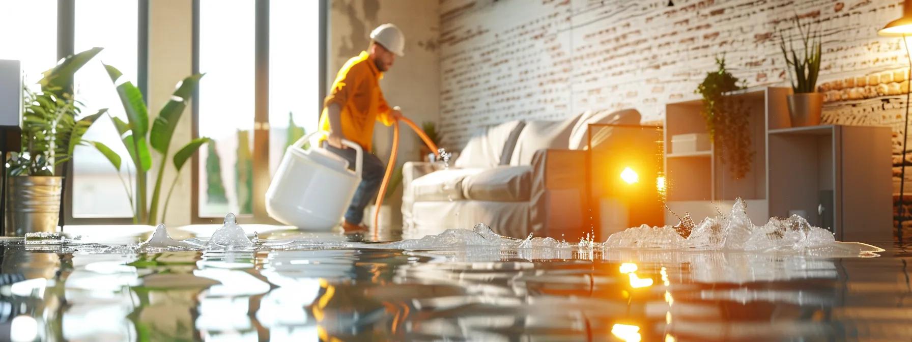 a professional water damage restoration technician operates industrial drying equipment in a modern, flooded living room, highlighting extensive damage on the floors and walls in a clean, high-resolution composition that conveys a reassuring atmosphere.