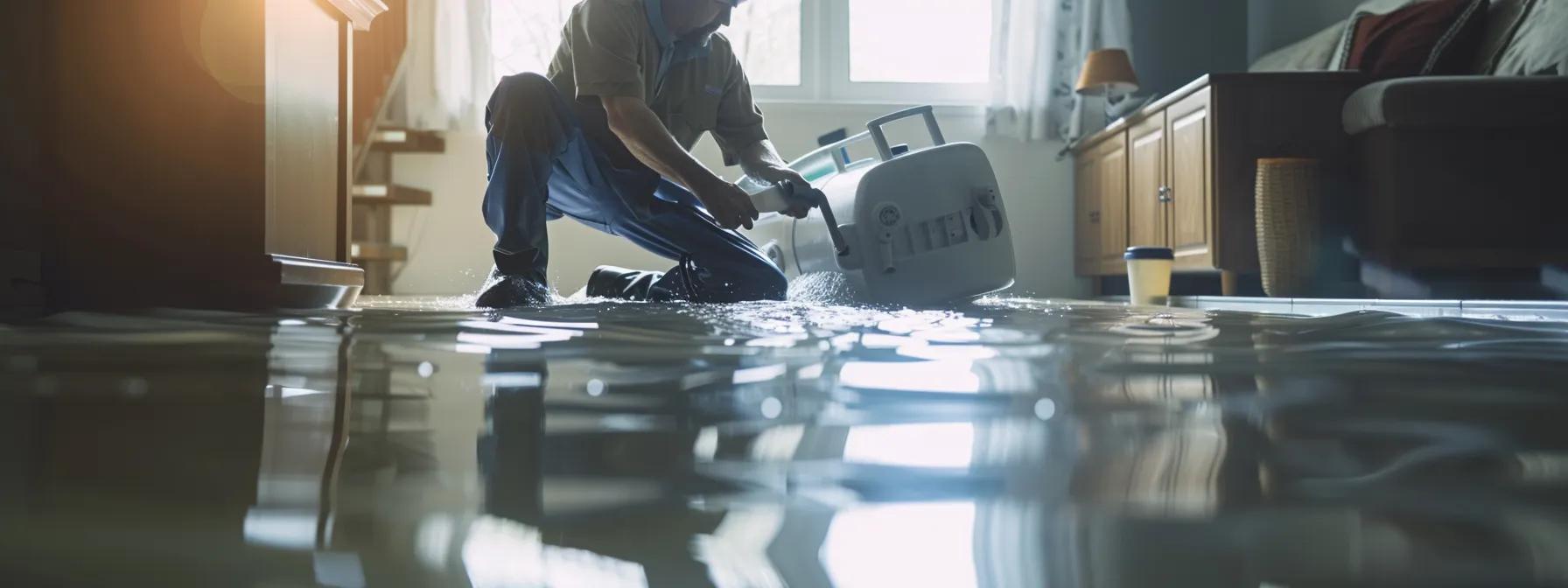 a professional water damage restoration technician efficiently operates industrial drying equipment in a modern, flooded home, with visible water damage on the walls and floors, creating a reassuring atmosphere amid soft, ambient light filtering through a window.