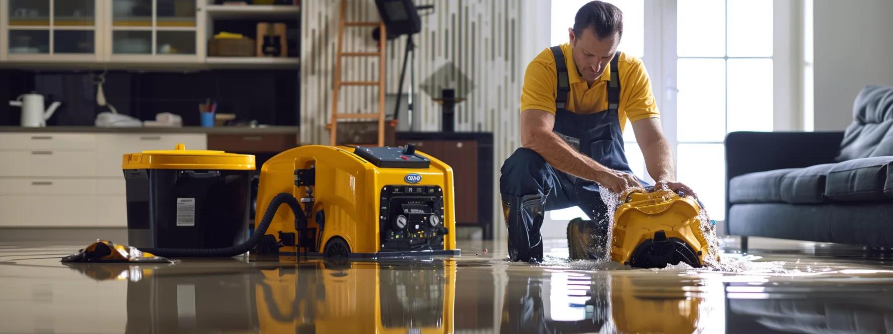 a professional water damage restoration technician effectively operates industrial drying equipment in a flooded modern home, highlighting visible damage on the floors and walls, all captured in a high-resolution, clean composition that exudes a reassuring atmosphere.