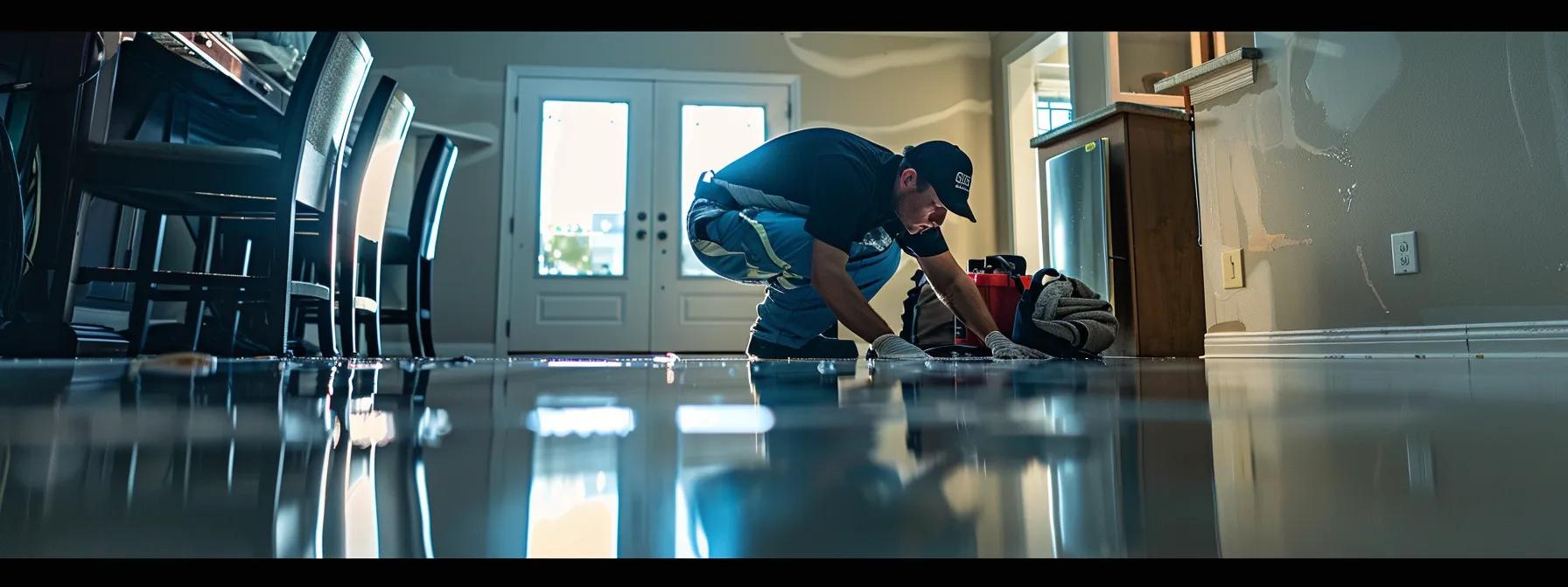a professional water damage restoration technician, focused and equipped with industrial drying equipment, works diligently in a modern home with visible water damage on the floors and walls, illuminated by soft, reassuring lighting filtering through a window, creating a sense of urgency and competence in mitigating the crisis.