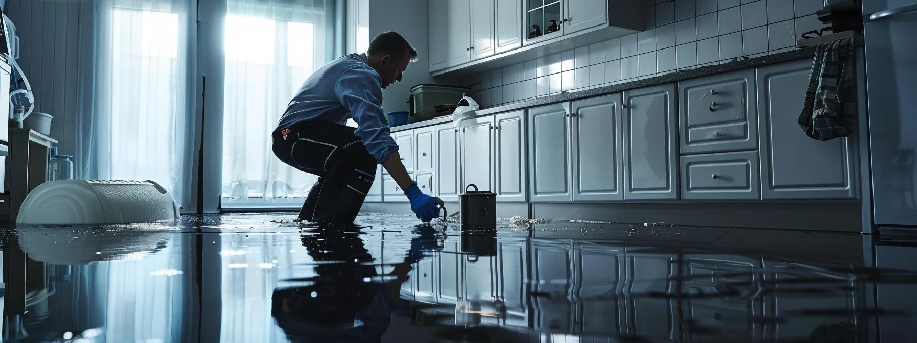 a water damage restoration technician skillfully operates industrial drying equipment in a modern kitchen with visible water damage on the floors and walls, illuminated by soft, diffused lighting from a nearby window, creating a professional yet reassuring atmosphere.