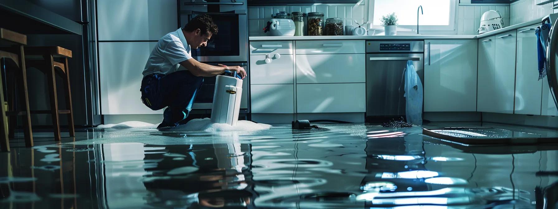 a water damage restoration technician attentively operates industrial drying equipment in a modern kitchen, with visible signs of water damage on the sleek floors and walls, illuminated by soft, diffused artificial lighting that conveys a sense of professionalism and hope.