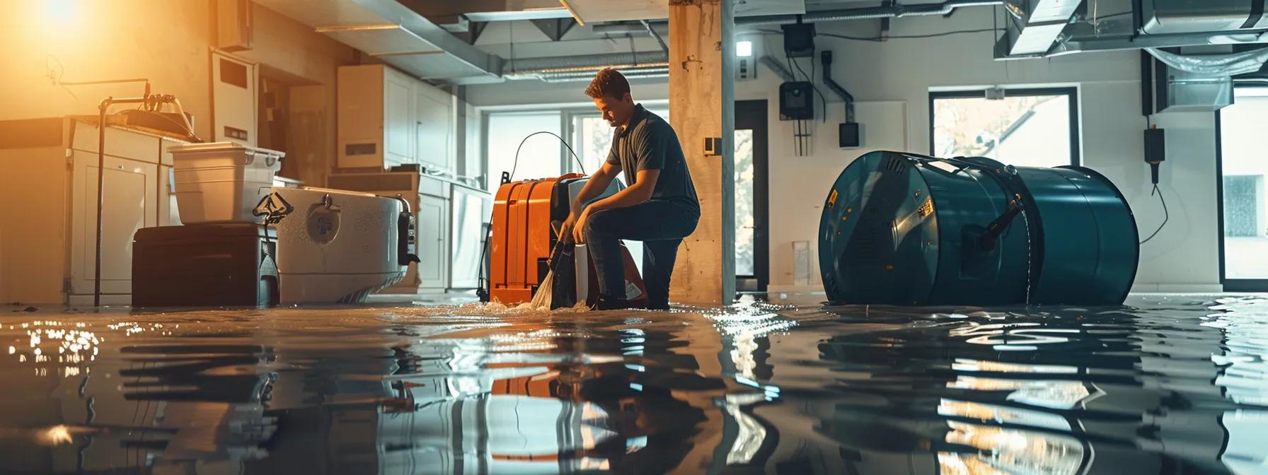 a water damage restoration technician operates industrial drying equipment in a modern, flooded basement, showcasing visible signs of water damage on the floors and walls, all under soft, ambient lighting that enhances the professional and reassuring atmosphere.