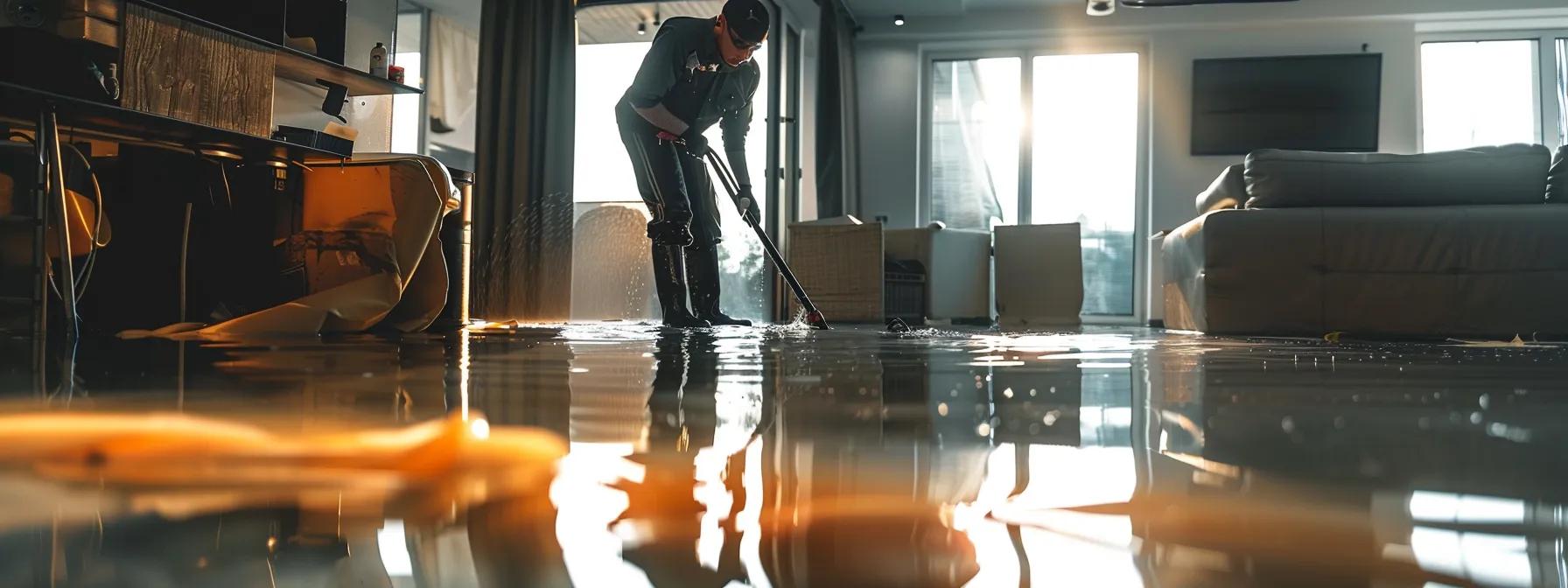 an industrial water damage restoration technician skillfully operates drying equipment in a modern, flooded home, revealing visible signs of water damage on the sleek walls and hardwood floors, all bathed in soft, reassuring light filtering through a nearby window.