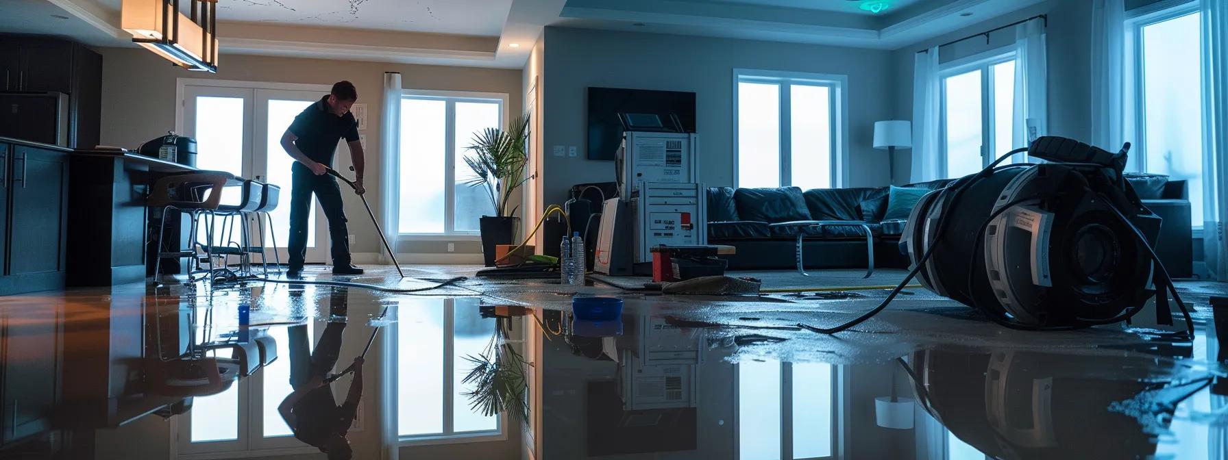 a certified water damage restoration technician operates industrial drying equipment within a modern home, showcasing visibly damaged floors and walls, all under soft ambient lighting that creates a calming, reassuring atmosphere.