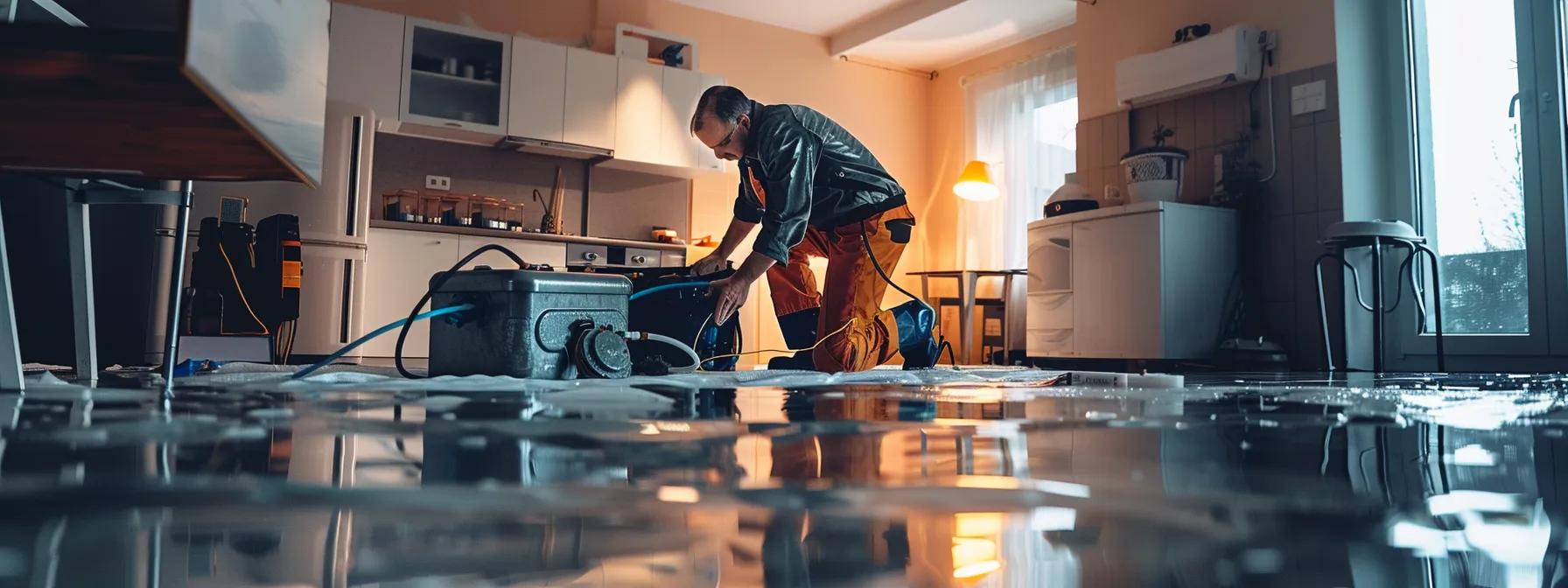 a determined water damage restoration technician operates advanced industrial drying equipment within a modern home, showcasing visible signs of water damage on walls and floors, all under soft lighting that creates a reassuring atmosphere.