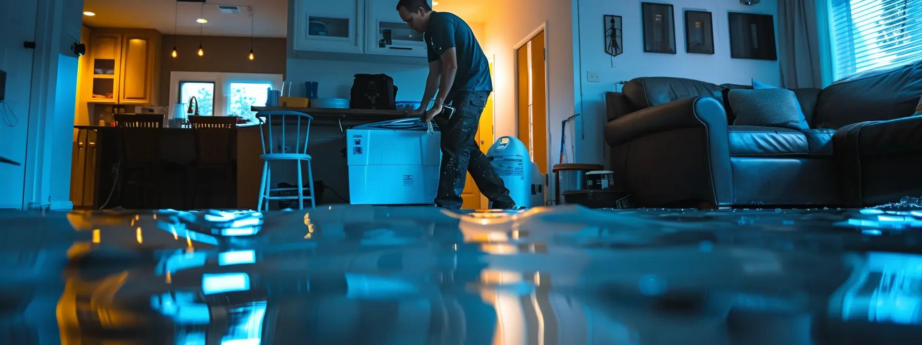a focused and professional water damage restoration technician expertly operates advanced industrial drying equipment in a modern home, showcasing visible water damage on the floors and walls, illuminated by soft indoor lighting for a reassuring atmosphere.