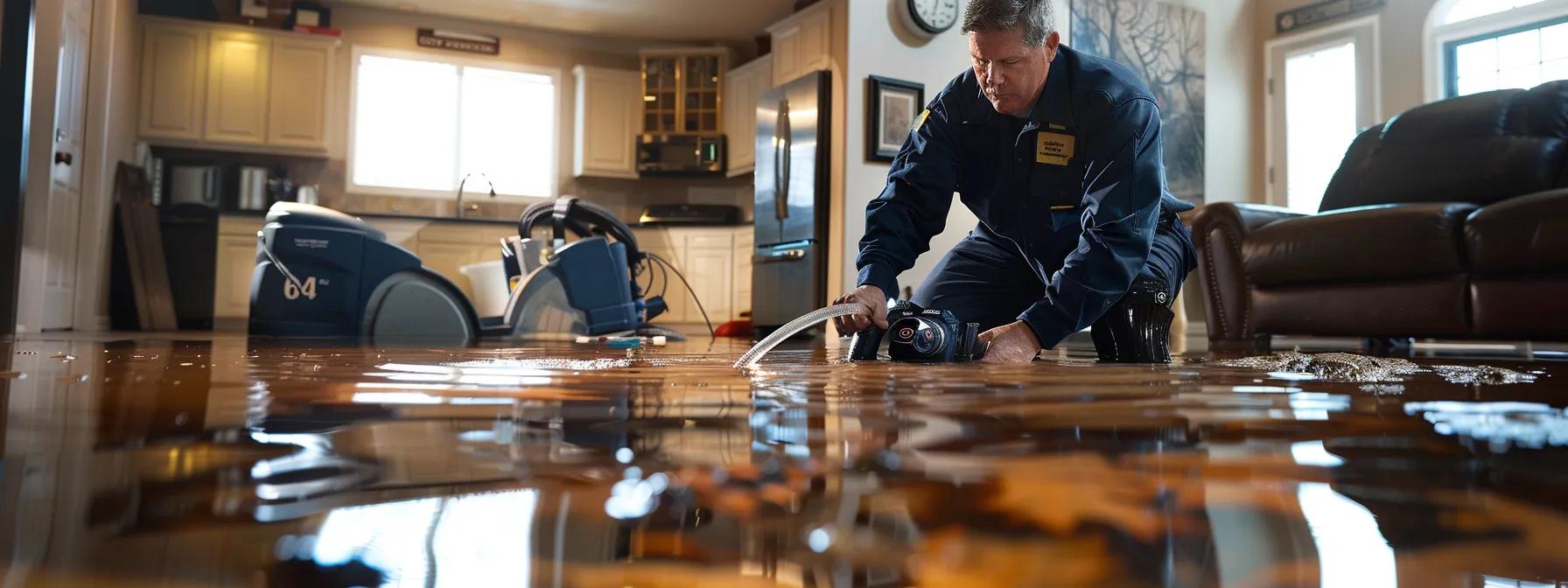 a focused and professional water damage restoration technician skillfully operates industrial drying equipment in a modern, flood-affected home, where visible water damage on the floors and walls emphasizes the urgency of securing restoration permits for compliance and safety.