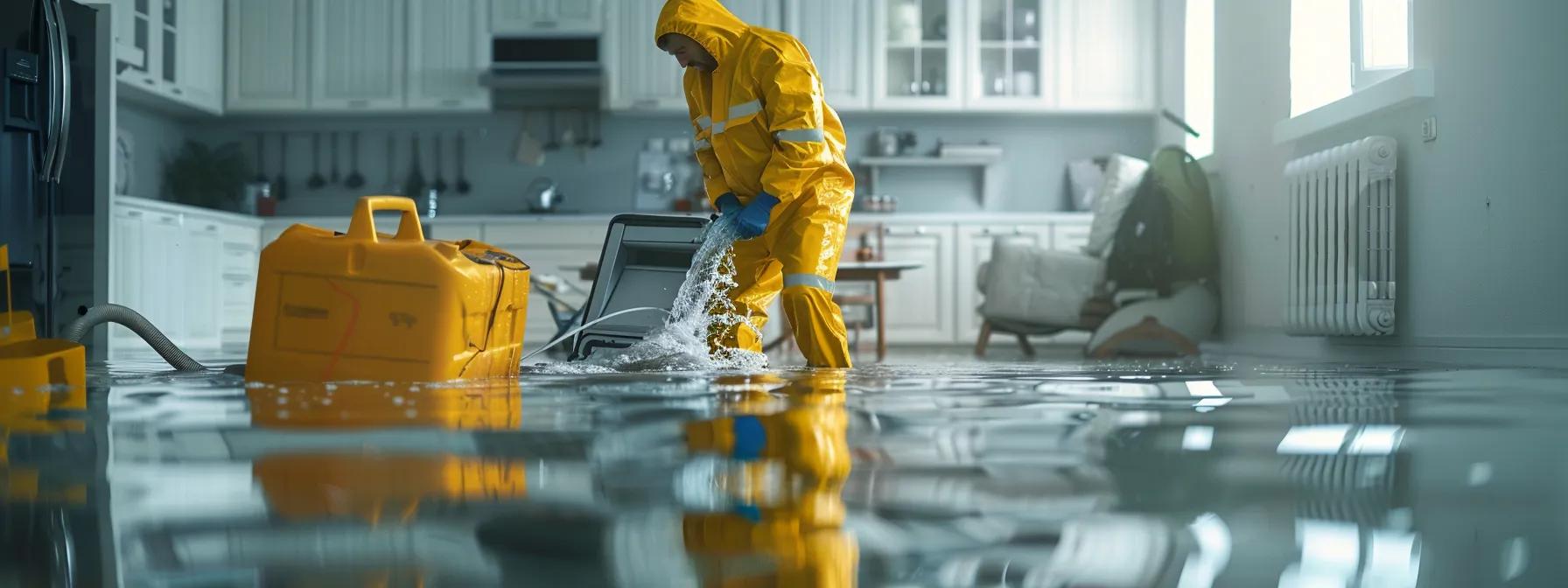 a focused and realistic image of a water damage restoration technician actively operating industrial drying equipment in a modern, flooded home, showcasing clear signs of water damage on the walls and floors, bathed in soft natural light to create a reassuring atmosphere.