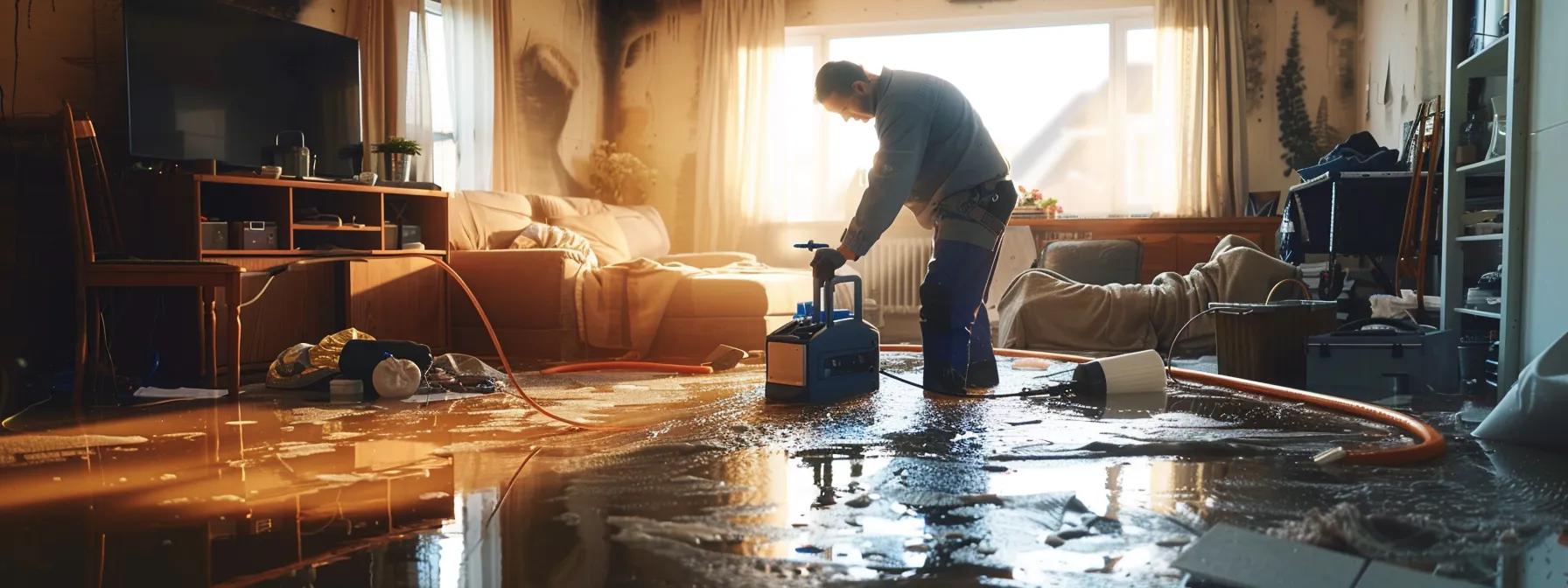 a focused, high-resolution image of a professional water damage restoration technician operating industrial-grade drying equipment in a modern, flooded home, showcasing visible signs of water damage on the floors and walls under soft natural light streaming through a window, conveying a sense of urgency and reassurance.