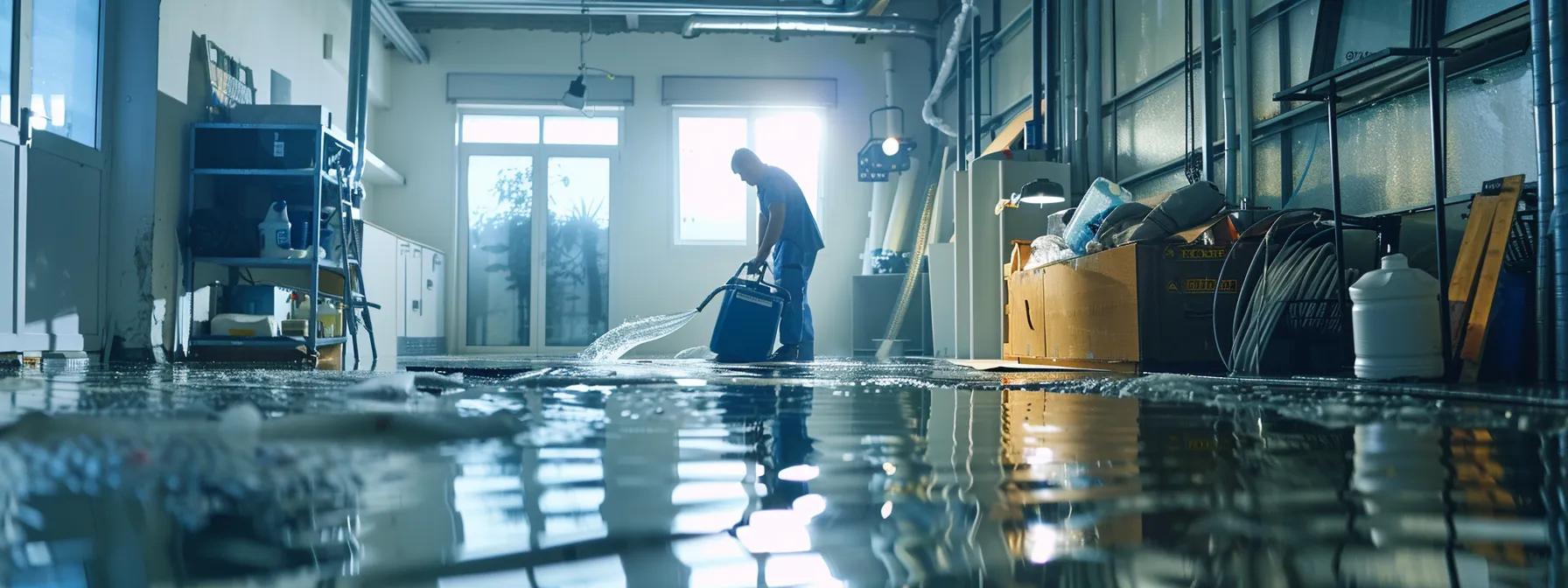 a focused, high-resolution image of a professional water damage restoration technician efficiently operating industrial drying equipment in a modern, interior space with clear signs of water damage on the floors and walls, under soft lighting that conveys a reassuring atmosphere.