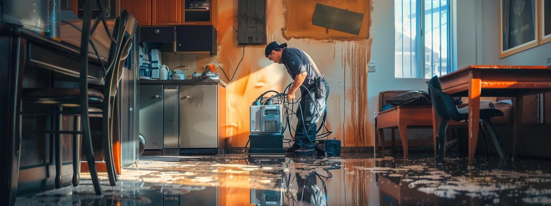 a focused, high-resolution image capturing a professional water damage restoration technician operating industrial drying equipment in a modern home, with visible water stains and discoloration on the walls, creating a reassuring ambiance amidst the ongoing restoration.