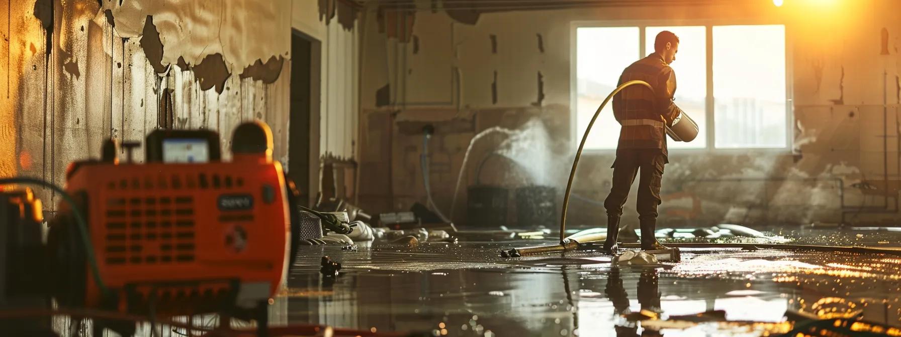a focused, high-resolution image of a professional water damage restoration technician operating industrial drying equipment amidst an indoor space visibly affected by flooding, showcasing stained walls and waterlogged floors, all under soft, ambient lighting that conveys a sense of reassurance and expertise.