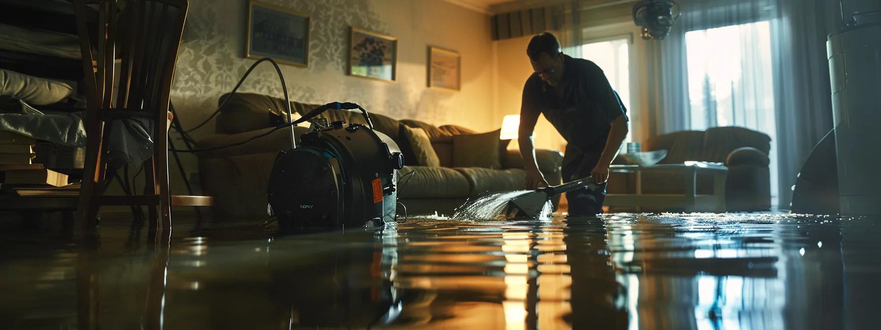 a focused, high-resolution image of a professional water damage restoration technician operating industrial drying equipment in a contemporary, flooded living room, showcasing clearly defined water-stained walls and floors under soft, ambient lighting, creating a reassuring atmosphere of proactive restoration efforts.