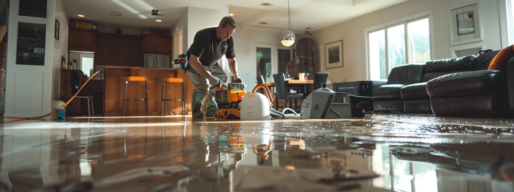 a focused image captures a water damage restoration technician operating industrial drying equipment inside a modern, recently flooded home, showcasing visible water stains on the walls and floors under soft indoor lighting, conveying a professional yet reassuring atmosphere.