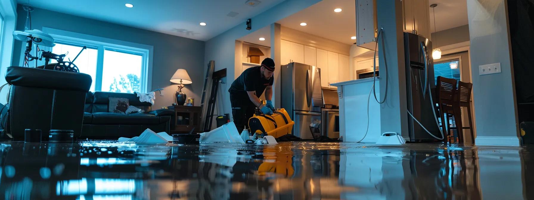 a focused image of a professional water damage restoration technician operating industrial drying equipment in a modern, dimly lit home with visibly damaged walls and floors, conveying a sense of urgency and expertise in the midst of recovery.
