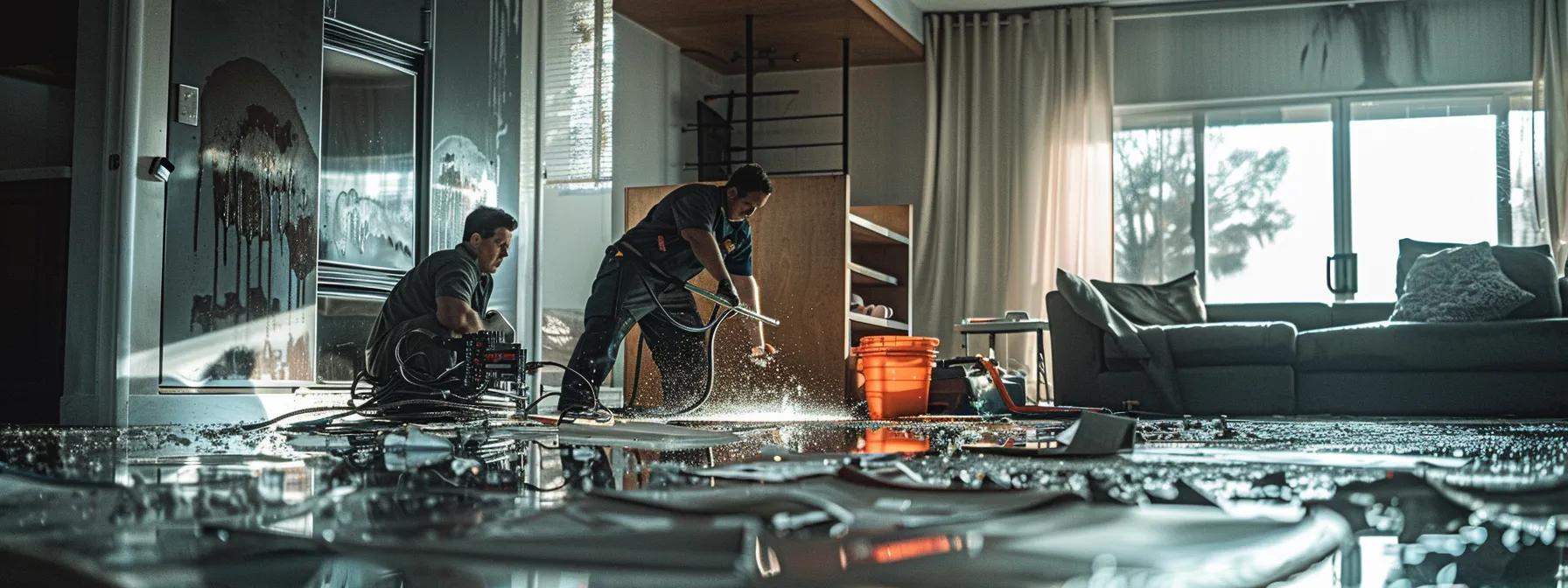 a focused image of a professional water damage restoration technician operating advanced drying equipment in a modern condo with visibly damaged walls and floors, illuminated by soft, ambient light, creating a calm and reassuring atmosphere.