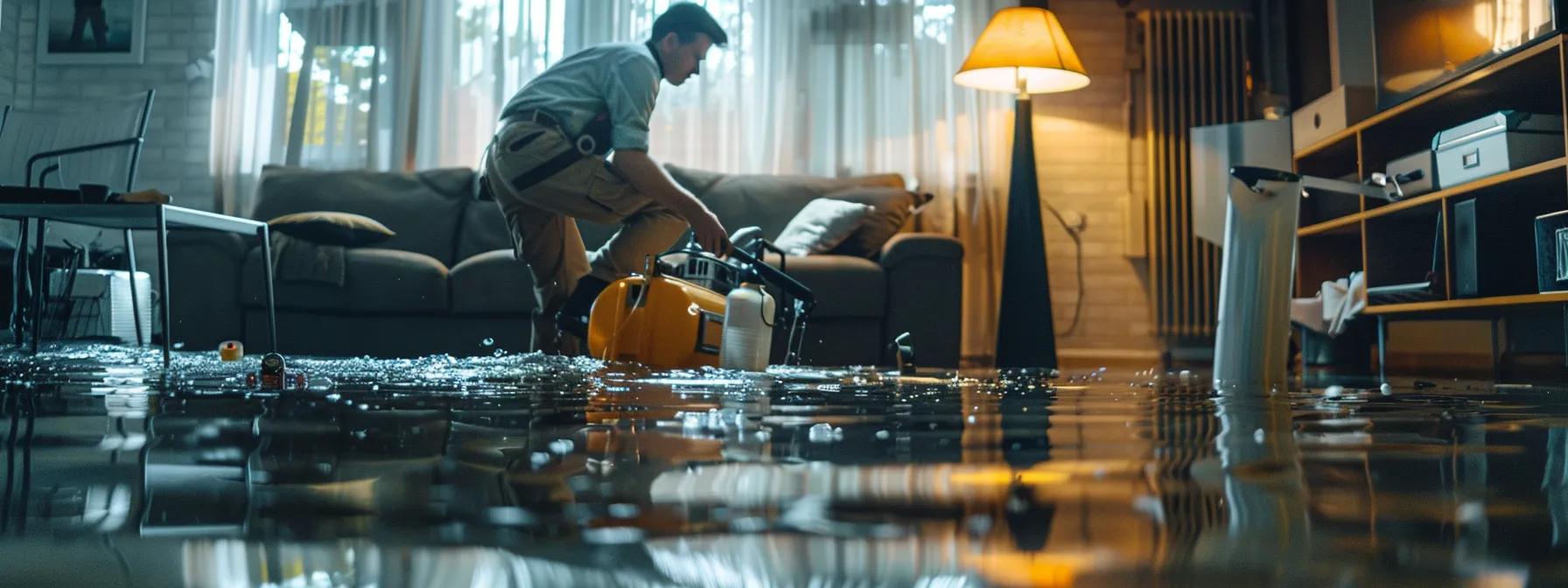 a focused image of a professional water damage restoration technician diligently operating advanced drying equipment in a modern, recently flooded home, showcasing clearly visible water damage on the floors and walls, all illuminated by soft, ambient lighting to create a reassuring atmosphere.