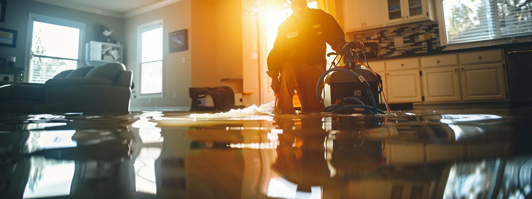 a focused image of a professional water damage restoration technician actively operating industrial drying equipment in a modern, flooded home, highlighting visibly damaged floors and walls, illuminated by soft, warm interior lighting to convey a reassuring atmosphere.