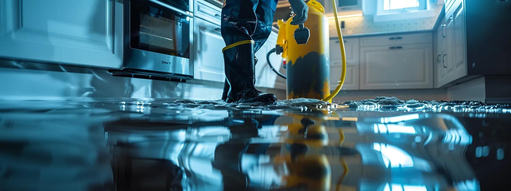 a focused image of a professional water damage restoration technician operating industrial drying equipment in a modern interior, showcasing visible water-damaged walls and floors, under soft, controlled indoor lighting that emphasizes a reassuring and clean atmosphere.