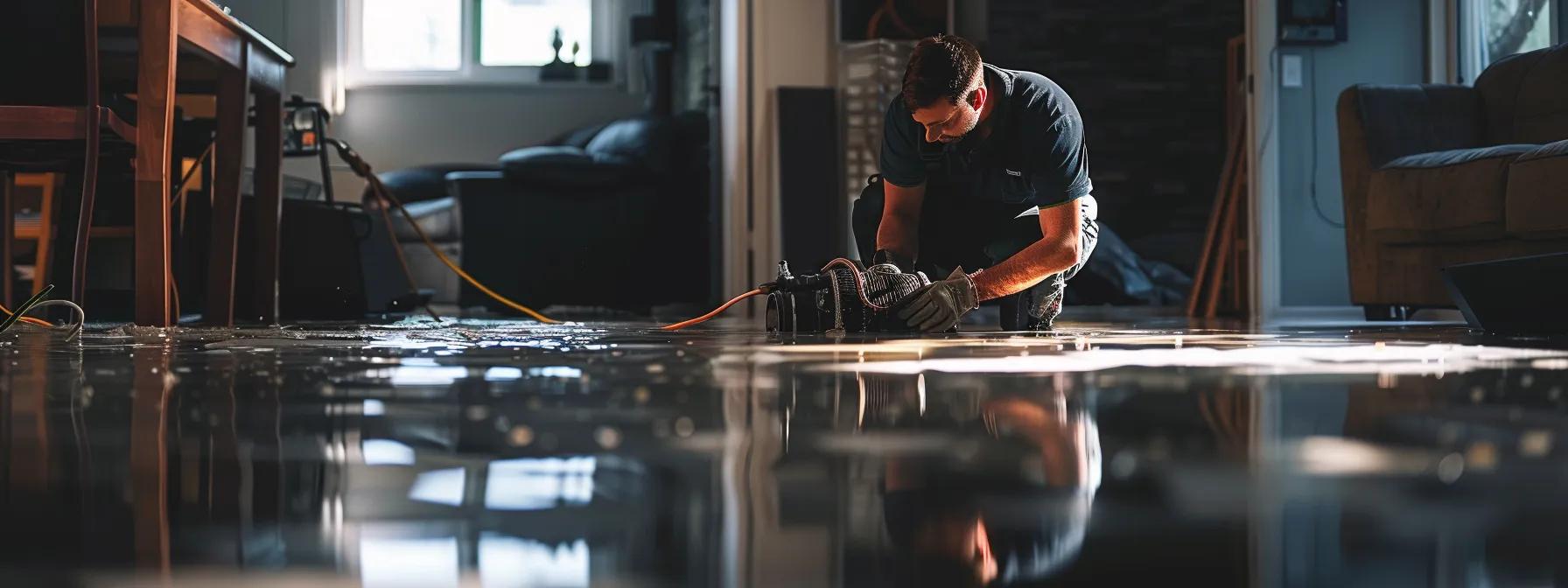 a focused image of a professional water damage restoration technician operating industrial drying equipment in a modern, water-damaged home, with visibly soaked floors and walls, under soft indoor lighting that conveys a calm and reassuring atmosphere.