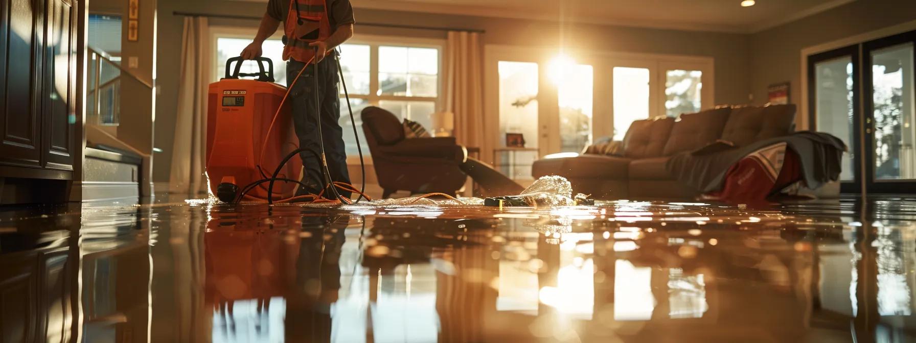 a focused indoor scene captures a professional water damage restoration technician operating advanced industrial drying equipment in a modern, flooded home, with visible water damage on the walls and floors, illuminated by soft natural lighting filtering through a window, creating a reassuring atmosphere.