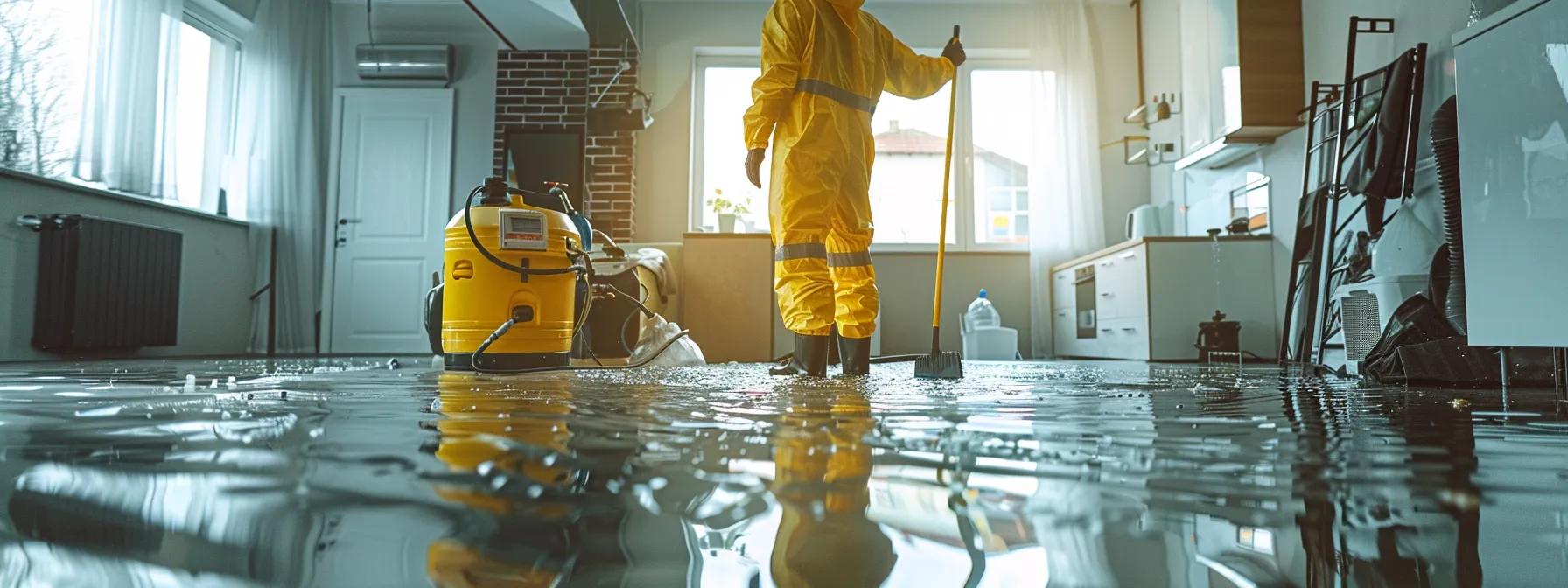 a focused interior scene captures a professional water damage restoration technician operating industrial drying equipment in a modern home, showcasing visible signs of water damage on the floors and walls, bathed in soft natural light that fosters a reassuring atmosphere, all while emphasizing the urgency of mitigating health risks from water intrusion.