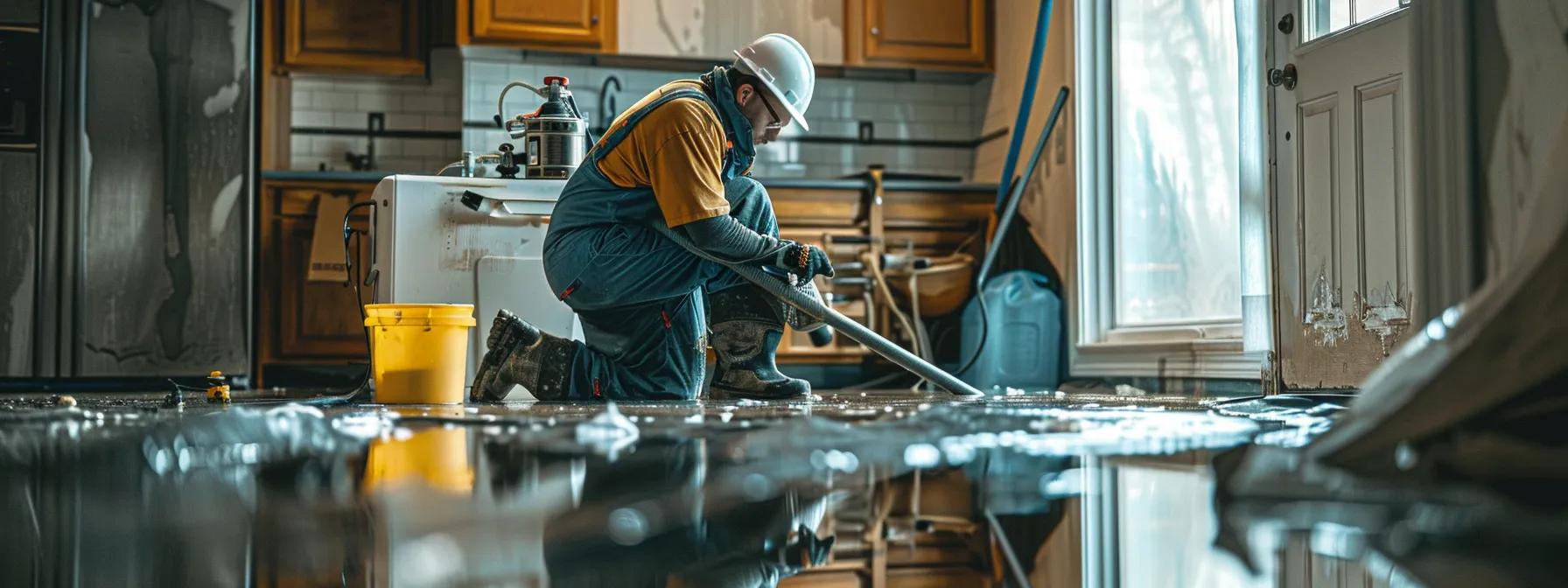 a focused interior shot of a professional water damage restoration technician efficiently operating industrial drying equipment in a modern home, showcasing visible signs of water damage on the walls and floors, with soft natural light filtering in from a window, conveying a sense of reassurance and expertise in the face of disaster.