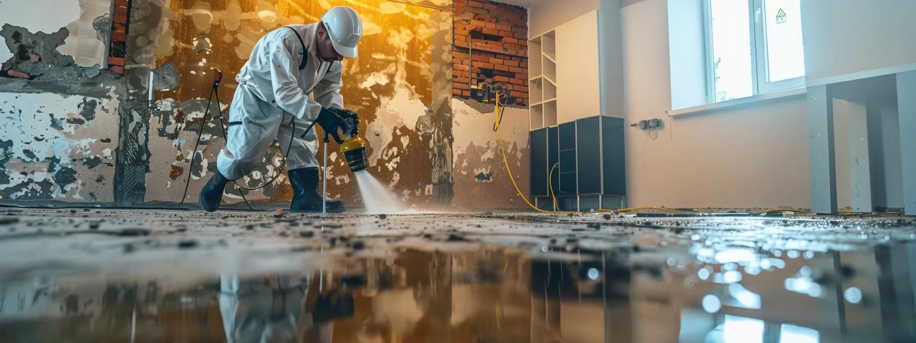 a focused interior shot of a professional restoration technician operating industrial drying equipment amidst the visible water damage in a modern home, highlighting the urgency and expertise needed for effective mold remediation while accentuating the risks associated with improper cleaning methods.