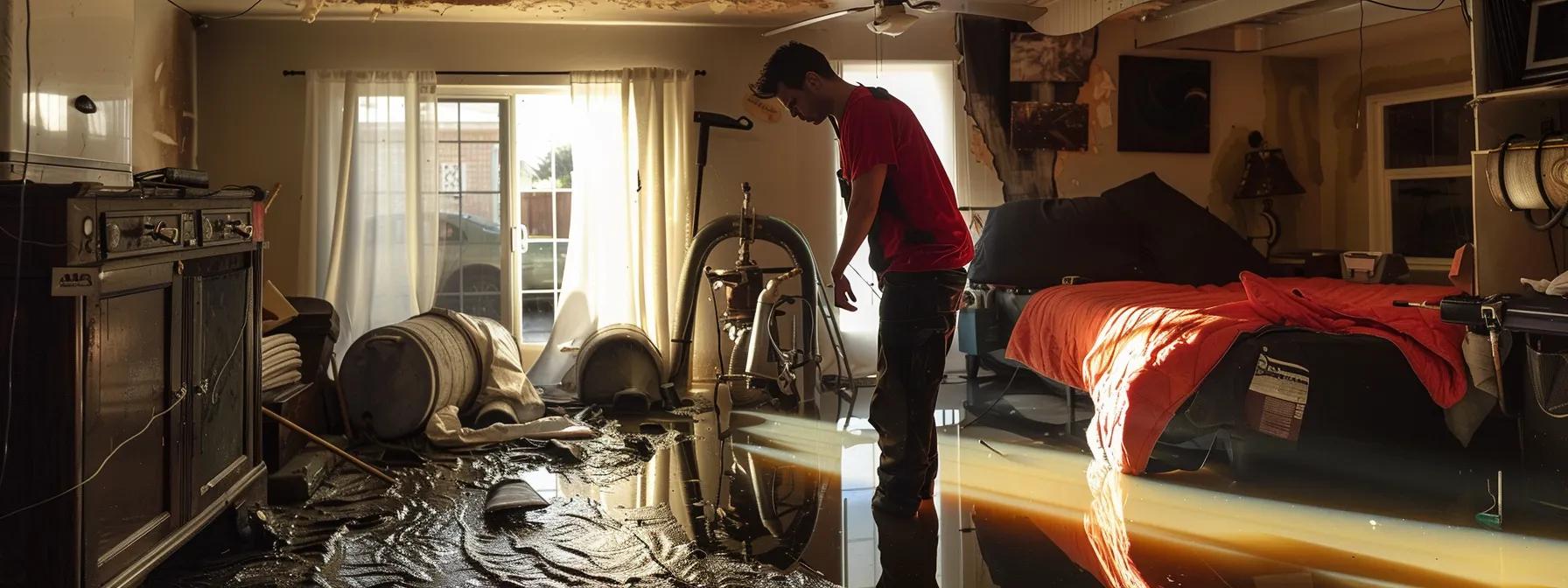 a focused photo of a skilled technician operating advanced industrial drying equipment in a contemporary, water-damaged home, highlighting warped floors and walls while soft, warm lighting filters through a nearby window, conveying a sense of professionalism and reassurance in the restoration process.