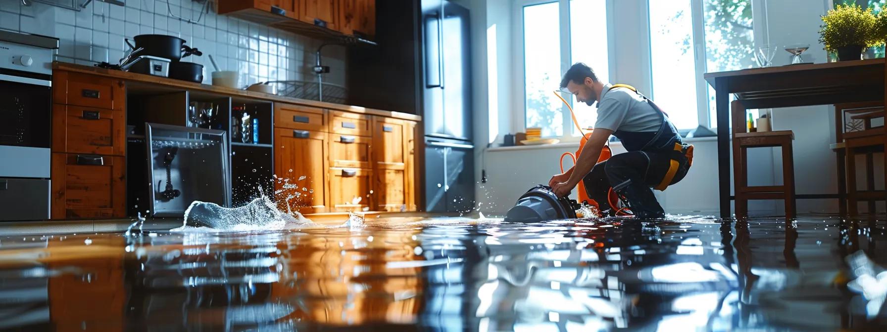 a focused portrayal of a professional water damage restoration technician operating industrial drying equipment in a modern kitchen, showcasing visible water damage on the floors and walls, illuminated by soft natural light streaming through a nearby window, creating a clean and reassuring atmosphere.