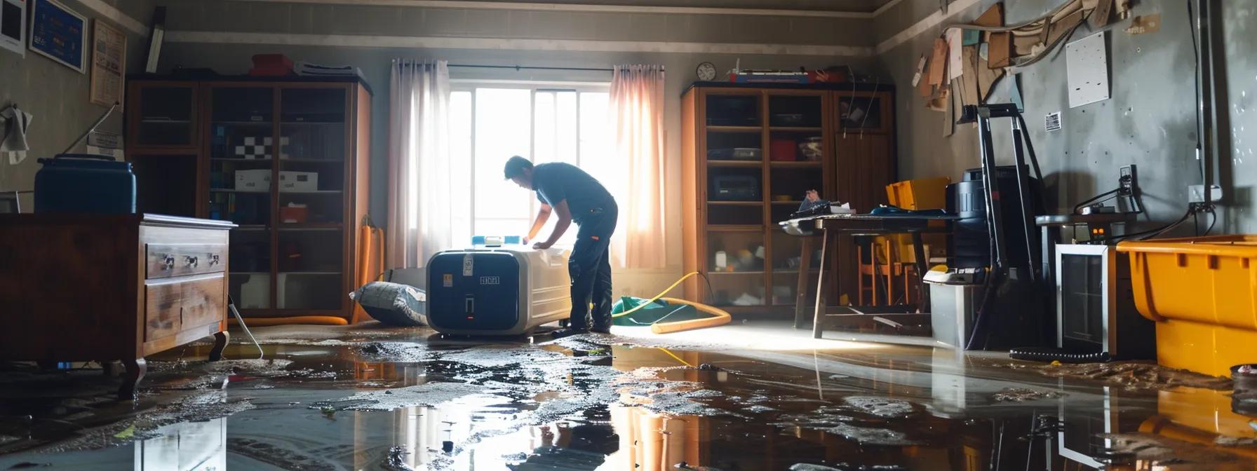 a focused professional water damage restoration technician operates industrial drying equipment in a contemporary home, surrounded by visible signs of water damage on walls and floors, as soft natural light filters through a nearby window, creating a reassuring atmosphere amidst the cleanup process.
