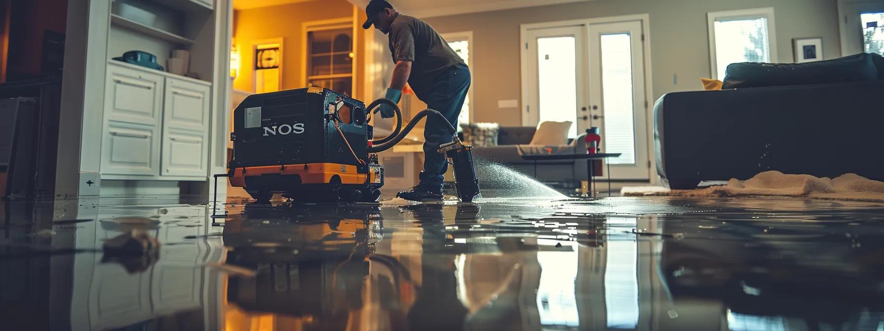 a focused restoration technician operates advanced industrial drying equipment in a modern, water-damaged home, highlighting visible signs of flooding on the floors and walls, all captured in soft, ambient lighting that conveys professionalism and reassurance.