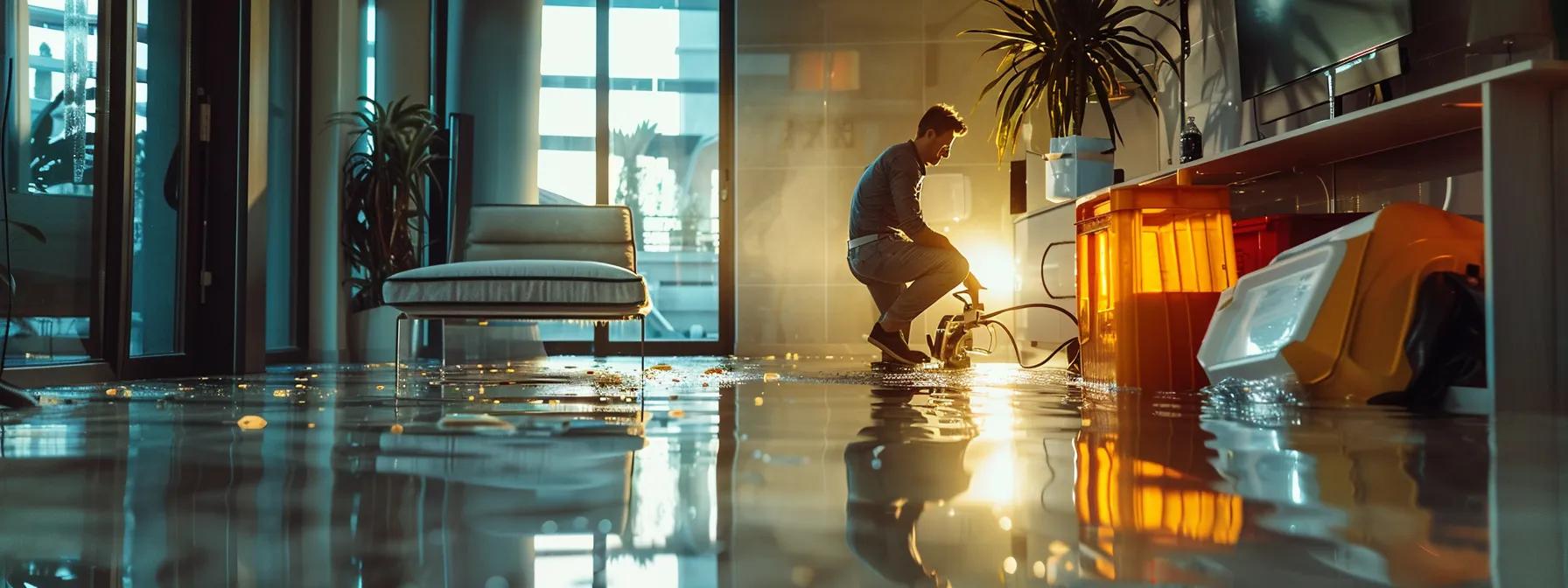 a focused restoration technician operates advanced industrial drying equipment inside a modern home with evident water damage on the walls and floors, creating a reassuring atmosphere amidst soft lighting filtering through a window.