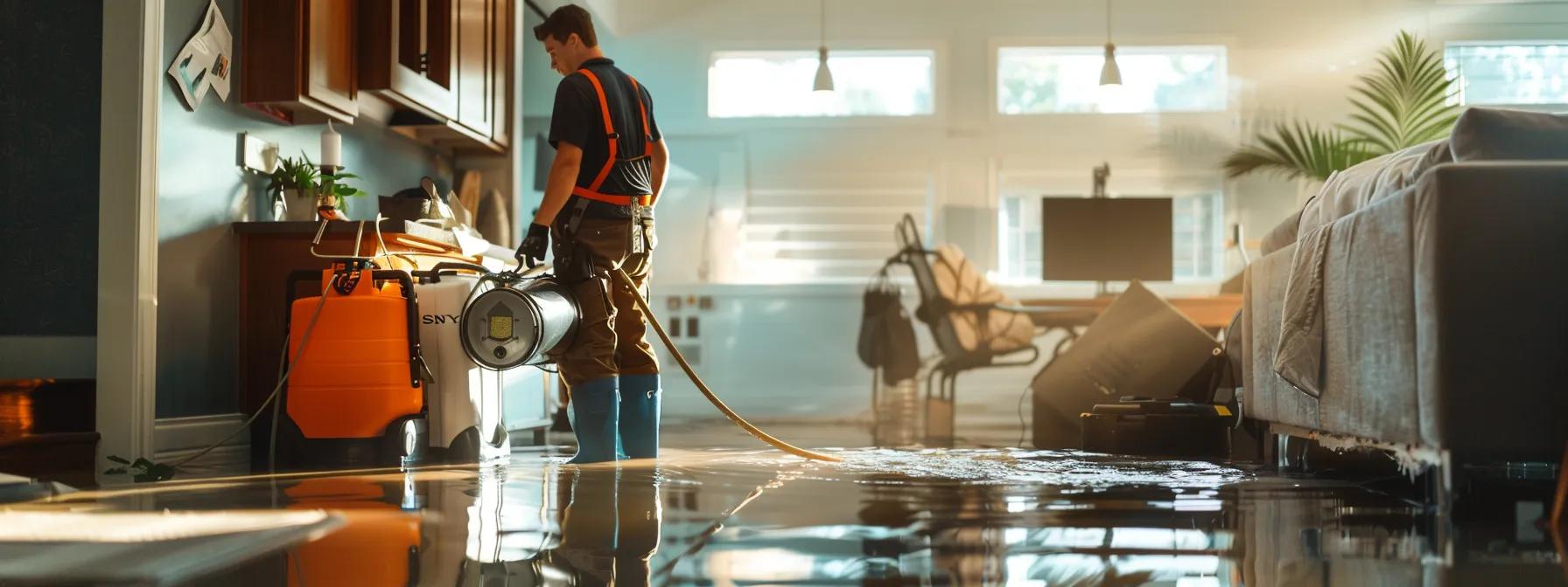 a focused scene captures a professional water damage restoration technician expertly operating industrial drying equipment in a modern, flooded home, with visible water damage on walls and floors, creating a reassuring atmosphere of diligent recovery.