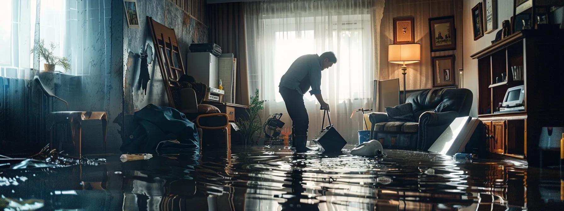a focused scene captures a professional water damage restoration technician meticulously inspecting water-damaged walls and floors, surrounded by industrial drying equipment, within a modern, flooded home, under softly diffused light streaming through a window, conveying a sense of urgency and professionalism.
