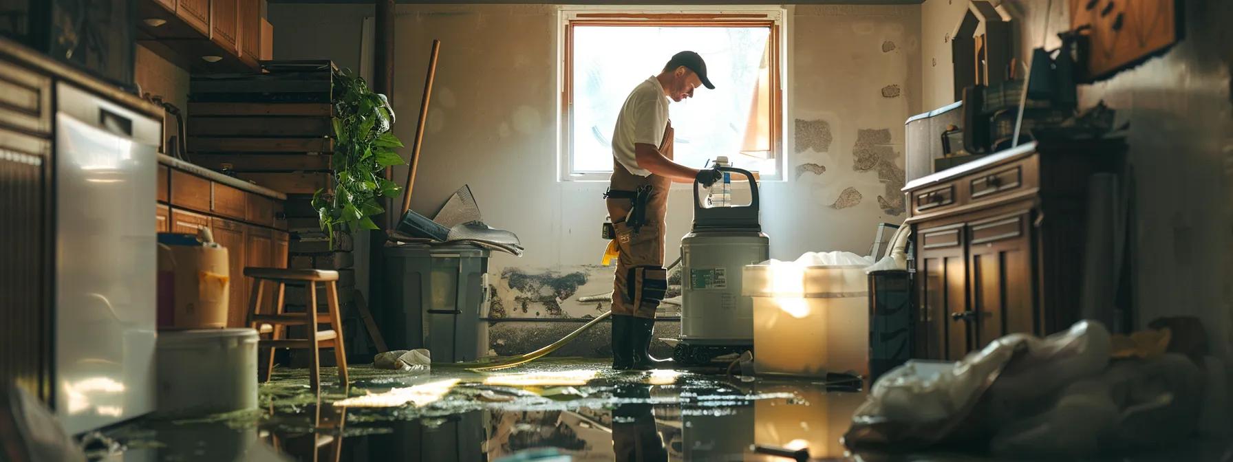a focused scene captures a professional restoration technician diligently operating powerful drying equipment in a modern, water-damaged home, with visible signs of damage on the walls and floors, all illuminated by soft, warm light filtering through a nearby window, creating an atmosphere of hope and recovery.