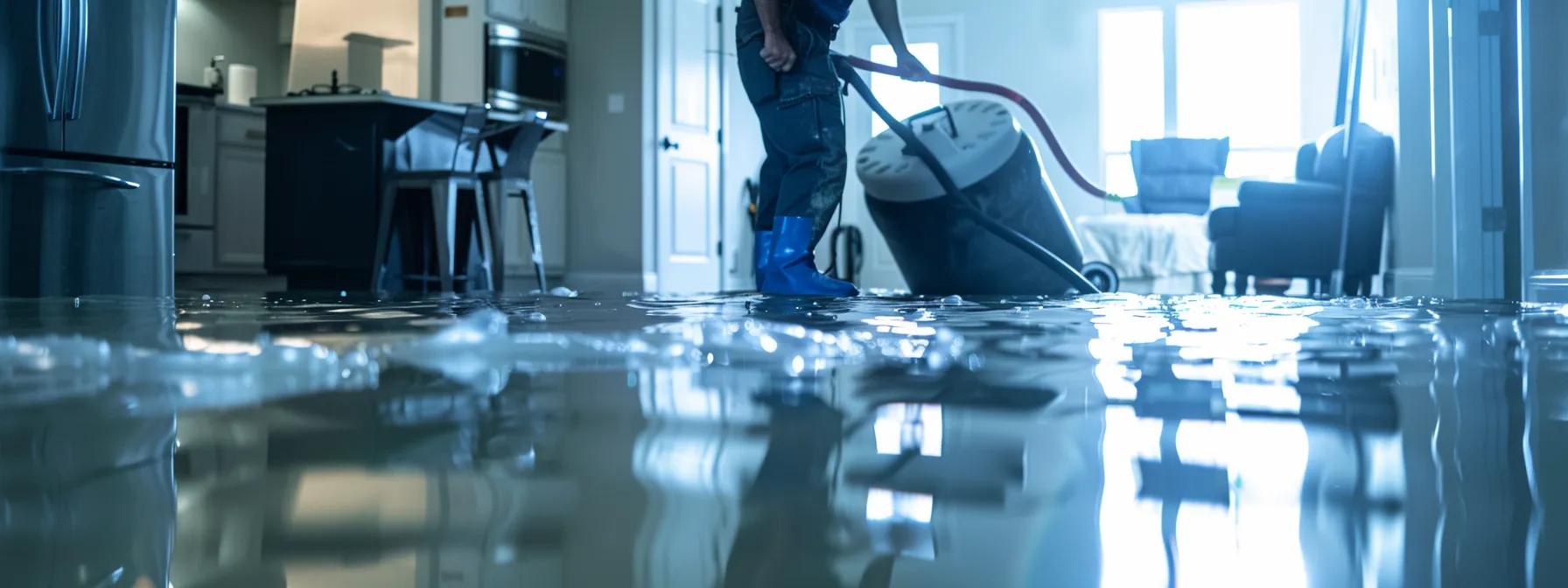 a focused scene captures a professional water damage restoration technician operating industrial drying equipment in a modern, recently flooded home, showcasing visible signs of water damage on the floors and walls, all under soft, diffused lighting from a nearby window to create a reassuring atmosphere.