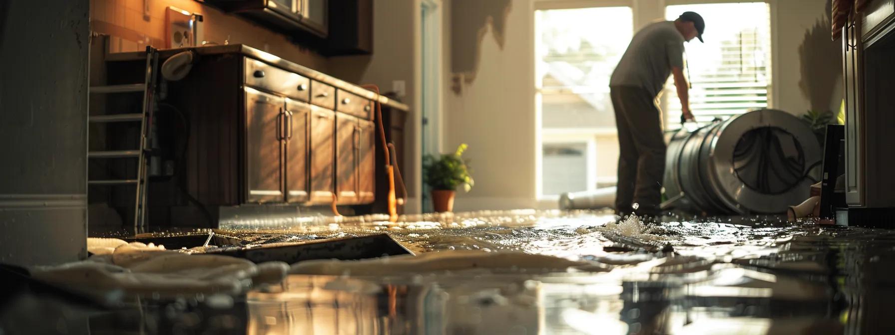 a focused scene captures a professional water damage restoration technician operating industrial drying equipment in a contemporary, flooded home, showcasing visibly damaged walls and floors while soft, diffused light streams through a nearby window, creating a calm and reassuring atmosphere.