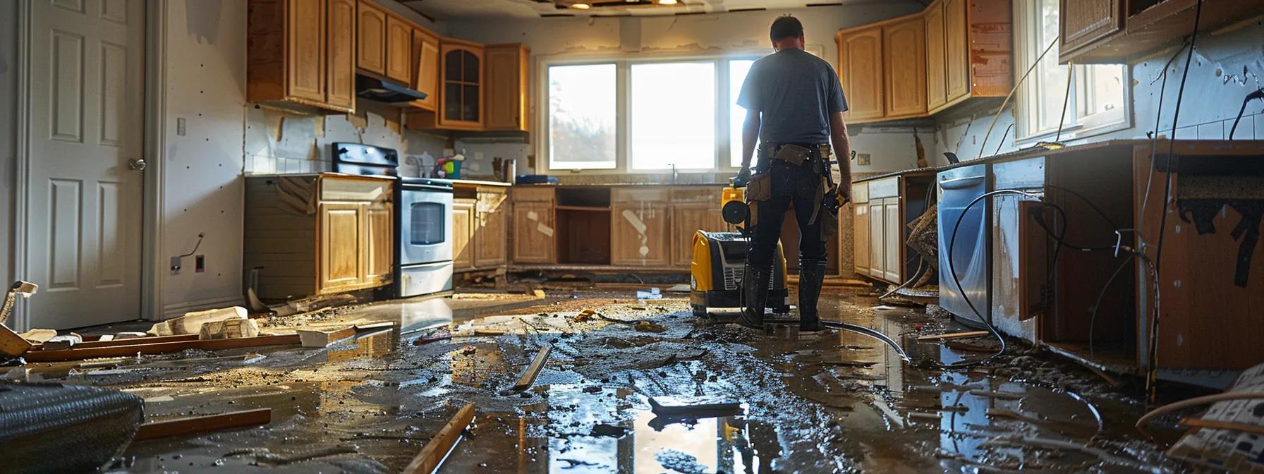 a focused scene captures a professional water damage restoration technician operating industrial drying equipment in a contemporary, water-damaged home, highlighting the visible destruction on walls and flooring, all under soft overhead lighting that evokes a sense of reassurance amid the chaos.