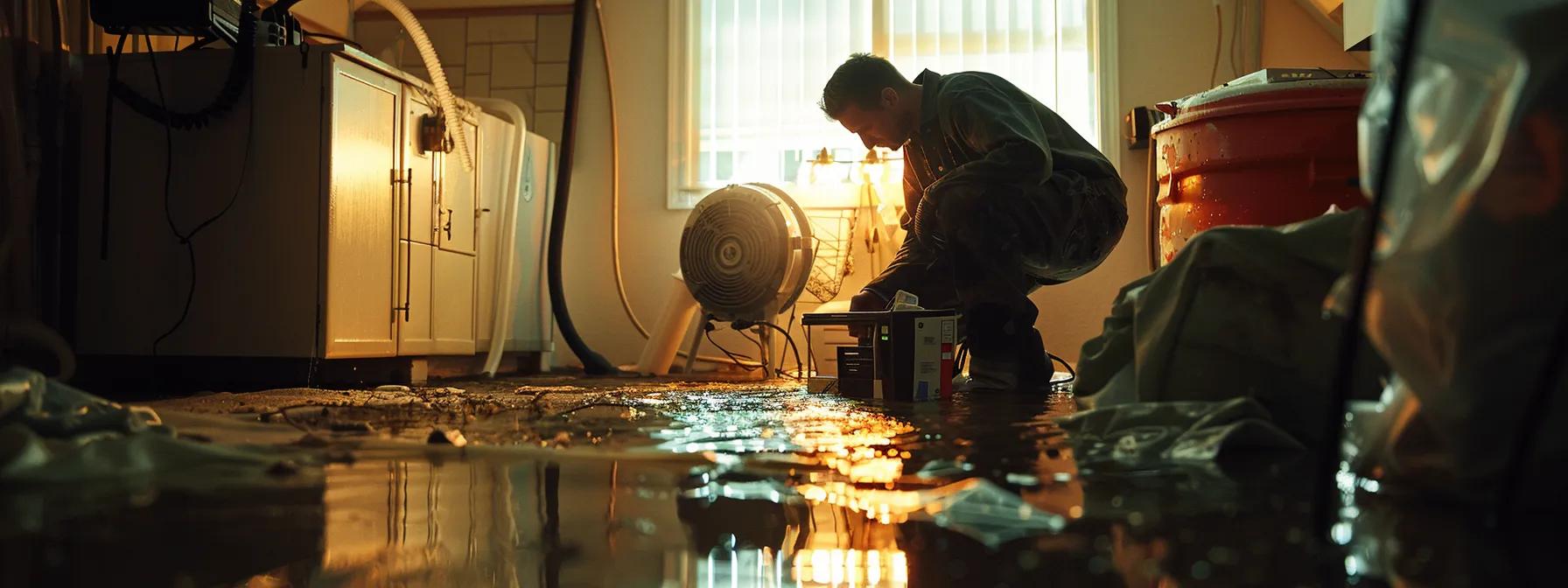 a focused scene captures a professional water damage restoration technician operating industrial drying equipment in a modern home marked by visible water damage, with soft lighting filtering through a window, creating a reassuring atmosphere.