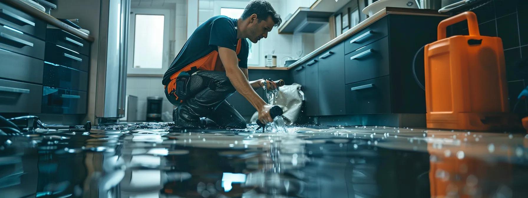 a focused scene captures a water damage restoration technician expertly operating industrial drying equipment in a modern home with clearly visible water damage on the walls and floors, emphasizing the importance of proactive inspections and repairs in a calm, professional atmosphere.