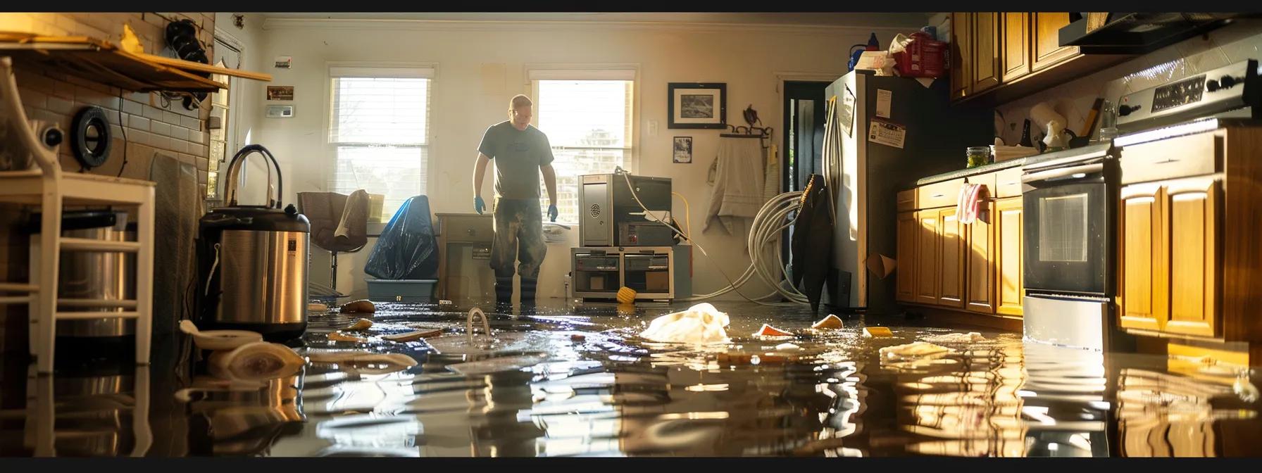 a focused scene capturing a professional water damage restoration technician operating industrial drying equipment in a modern, flooded home, with visible signs of water damage on the walls and floors, illuminated by soft, ambient light streaming through a window, evoking a sense of reassurance and expertise.