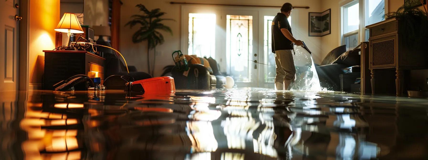 a focused scene depicting a professional water damage restoration technician operating industrial drying equipment in a modern, flooded home, with water-damaged floors and walls illuminated by soft interior lighting, conveying a sense of calm and reassurance in an otherwise challenging situation.