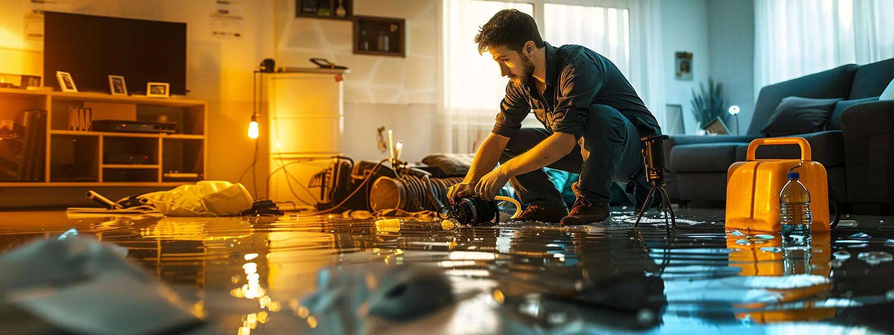 a focused scene depicting a professional restoration technician meticulously operating industrial drying equipment in a modern home with visible water damage on the floors and walls, under soft, warm lighting that conveys a sense of reassurance and expertise.