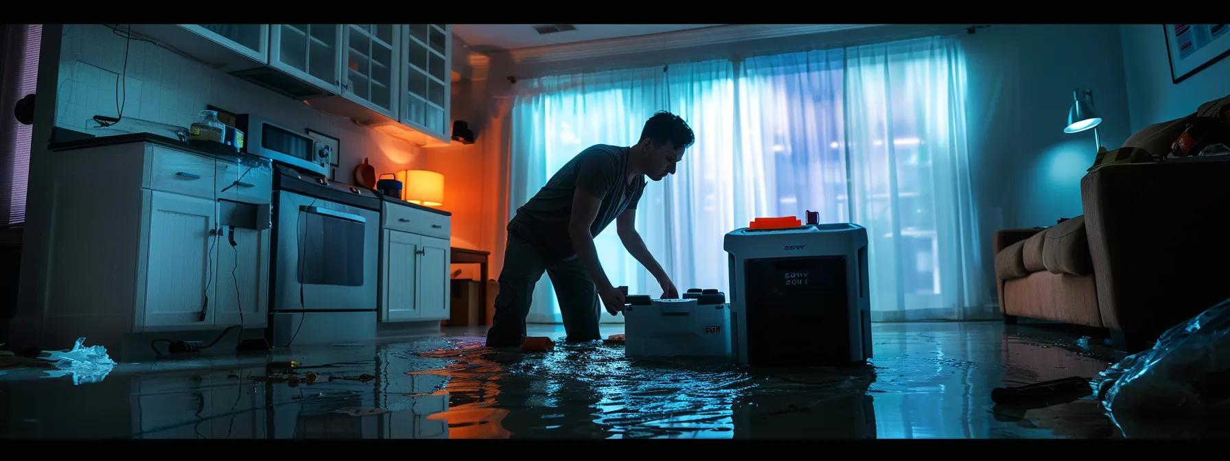 a focused scene depicting a professional water damage restoration technician actively setting up an industrial dehumidifier in a modern, flooded home, showcasing visible water damage on the walls and floors, all under soft, ambient lighting that enhances the atmosphere of efficiency and reassurance.