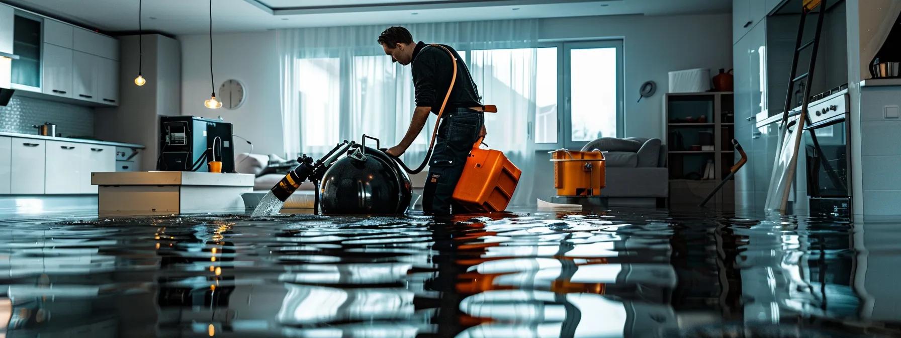 a focused scene depicting a professional water damage restoration technician operating industrial drying equipment in a modern, flooded home, showcasing visible water damage on the walls and floors under soft, diffused lighting, creating a reassuring atmosphere for an informative restoration company blog.